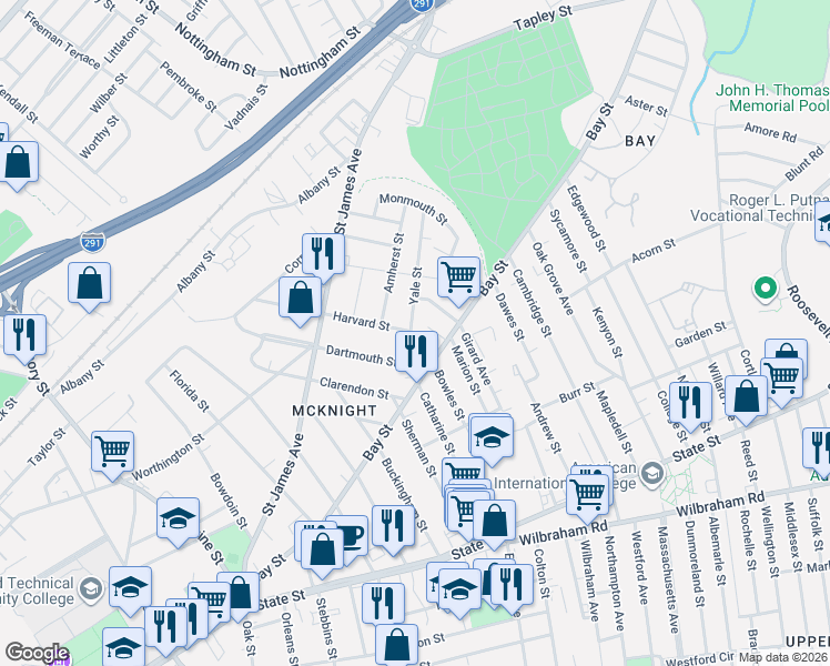 map of restaurants, bars, coffee shops, grocery stores, and more near 302-304 Bay Street in Springfield