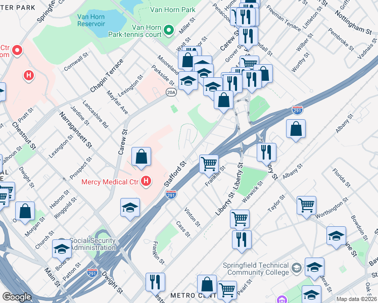 map of restaurants, bars, coffee shops, grocery stores, and more near 154-156 Stafford Street in Springfield