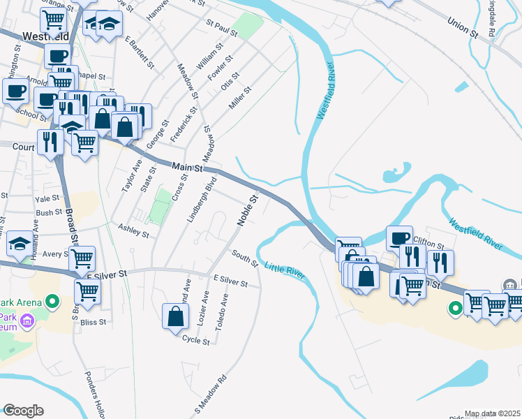 map of restaurants, bars, coffee shops, grocery stores, and more near 14 Exchange Street in Westfield