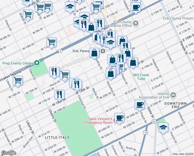 map of restaurants, bars, coffee shops, grocery stores, and more near 1710 Mobile Avenue in Erie