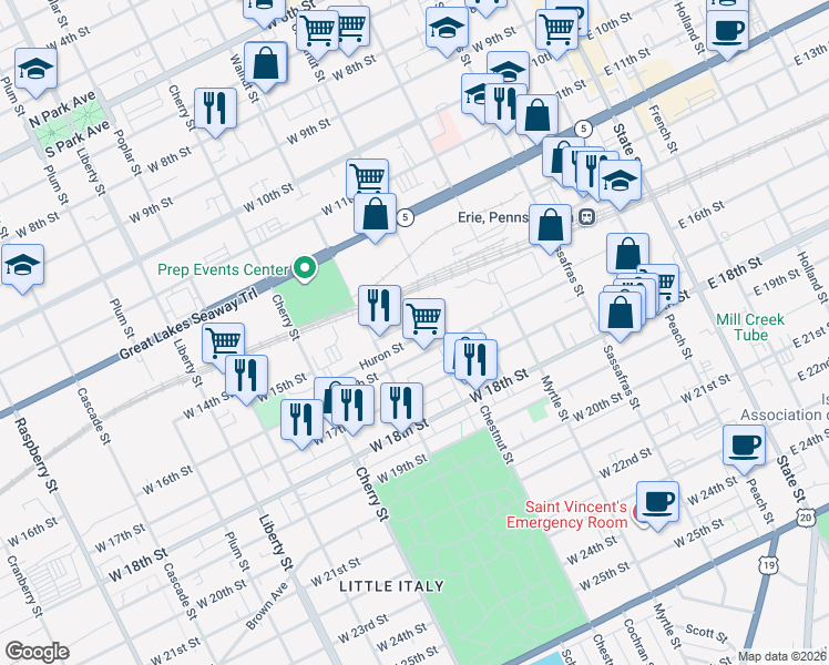 map of restaurants, bars, coffee shops, grocery stores, and more near 444 Huron Street in Erie