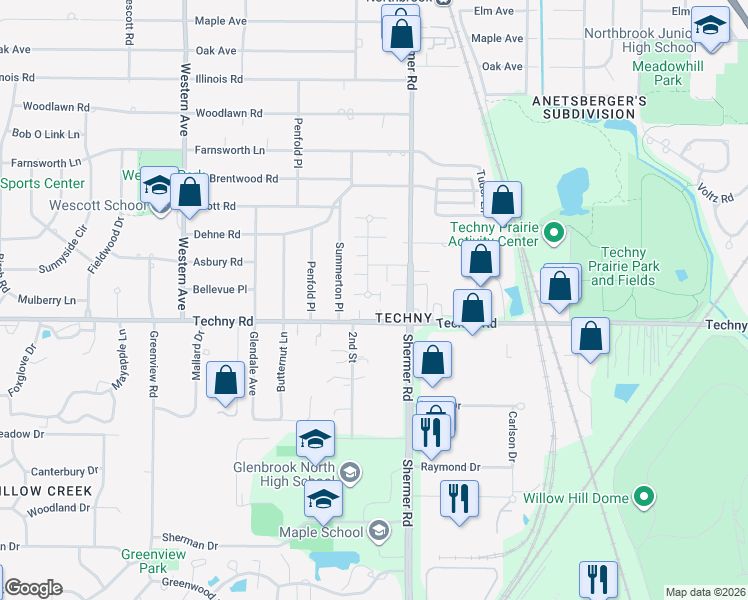 map of restaurants, bars, coffee shops, grocery stores, and more near 1933 Somerset Lane in Northbrook