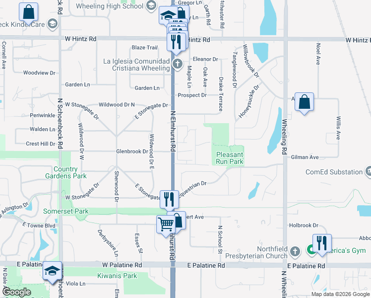 map of restaurants, bars, coffee shops, grocery stores, and more near 1171 South Forums Court in Wheeling