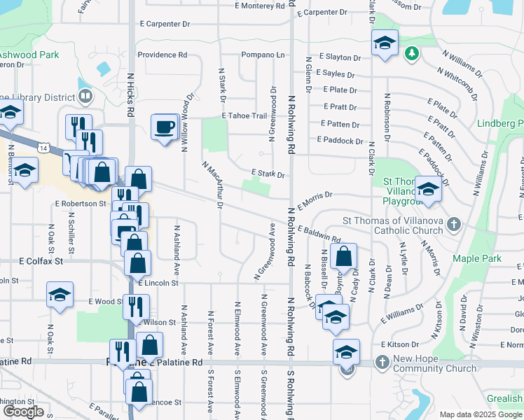 map of restaurants, bars, coffee shops, grocery stores, and more near 718 East Baldwin Road in Palatine