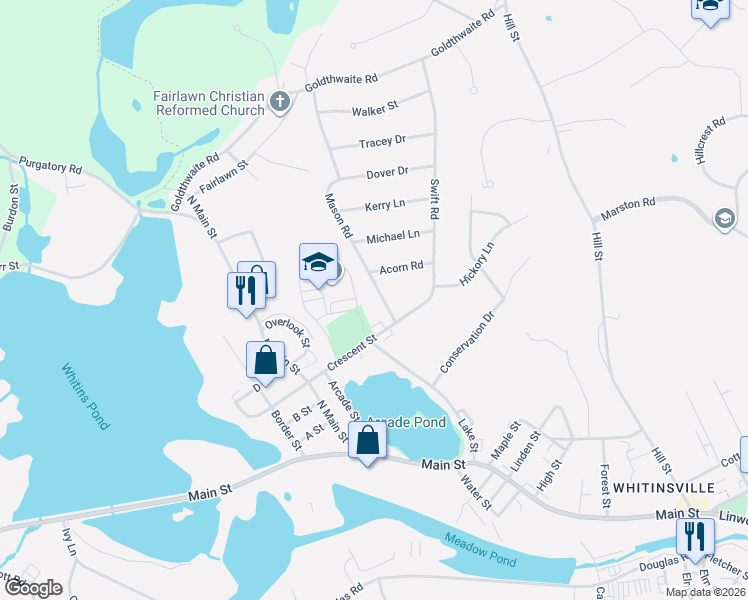 map of restaurants, bars, coffee shops, grocery stores, and more near 266 Mason Road in Northbridge