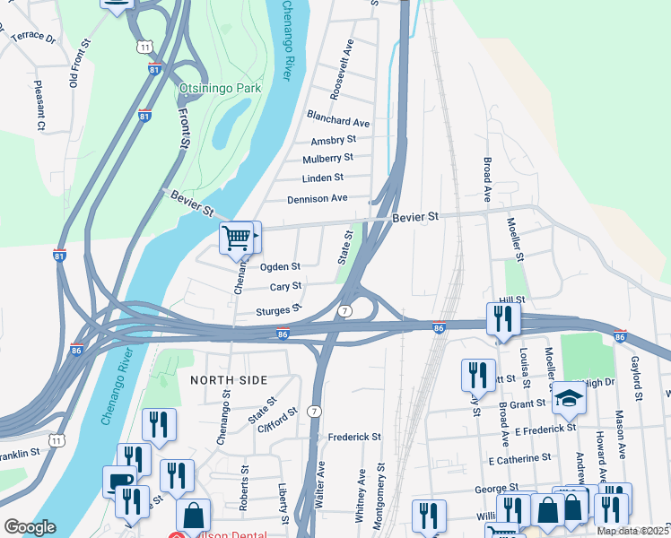 map of restaurants, bars, coffee shops, grocery stores, and more near 593 State Street in Binghamton