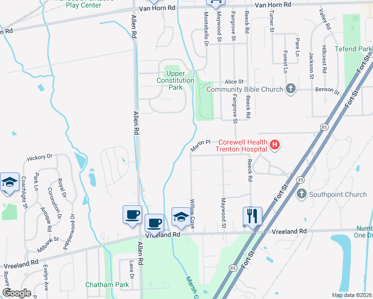 map of restaurants, bars, coffee shops, grocery stores, and more near 18872 Martin Place in Woodhaven