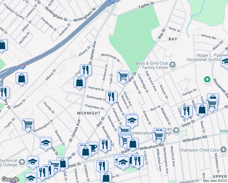 map of restaurants, bars, coffee shops, grocery stores, and more near 302-304 Bay Street in Springfield