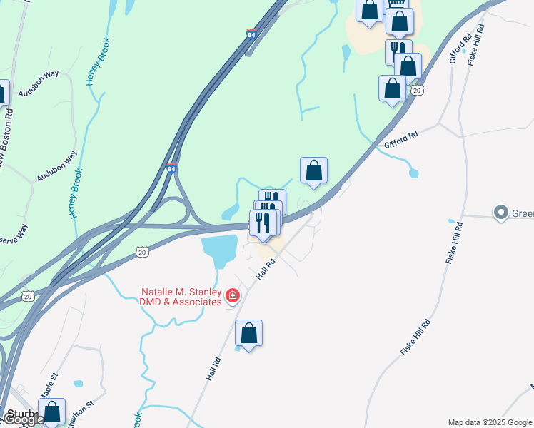 map of restaurants, bars, coffee shops, grocery stores, and more near 212 Charlton Road in Sturbridge