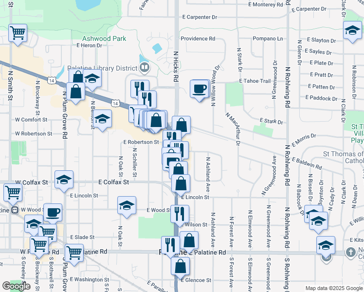 map of restaurants, bars, coffee shops, grocery stores, and more near 301 North Northwest Highway in Palatine