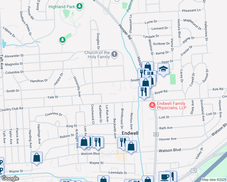 map of restaurants, bars, coffee shops, grocery stores, and more near 3534 Smith Drive in Endicott