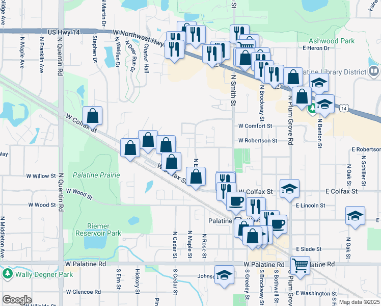 map of restaurants, bars, coffee shops, grocery stores, and more near 325 North Eric Drive in Palatine