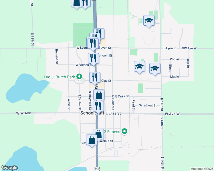 map of restaurants, bars, coffee shops, grocery stores, and more near 221 East Cass Street in Schoolcraft