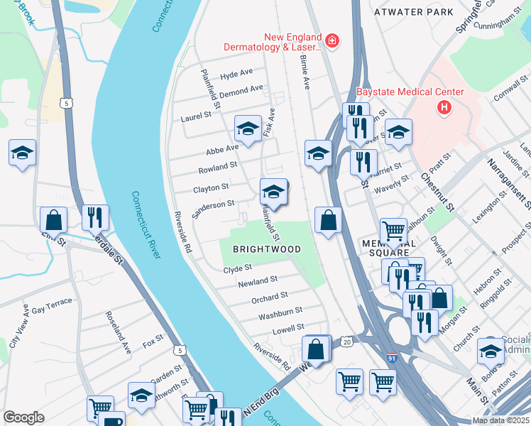 map of restaurants, bars, coffee shops, grocery stores, and more near 355 Plainfield Street in Springfield