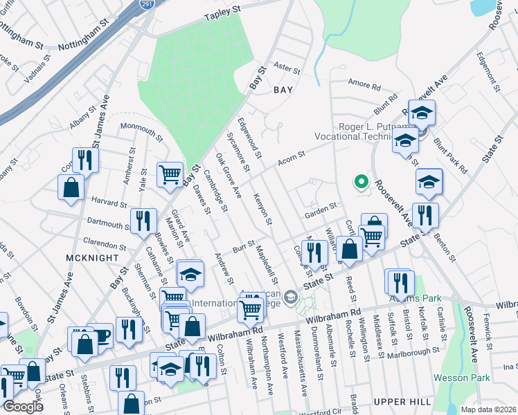 map of restaurants, bars, coffee shops, grocery stores, and more near 155 Oak Grove Avenue in Springfield