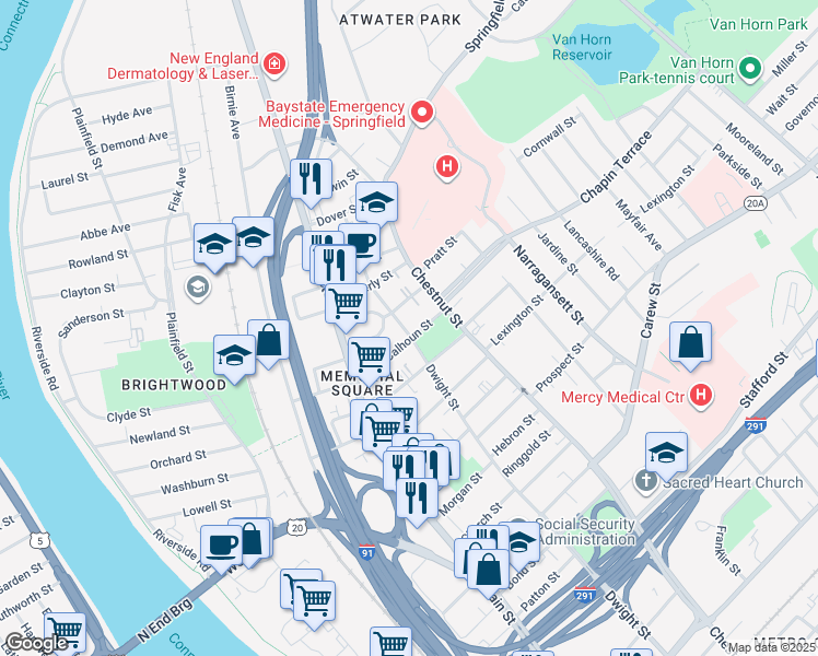 map of restaurants, bars, coffee shops, grocery stores, and more near 70 Calhoun Street in Springfield