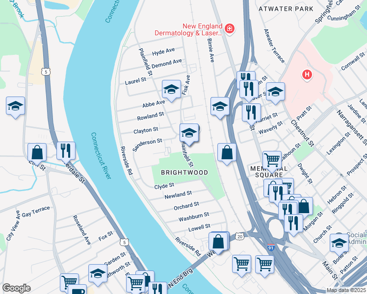 map of restaurants, bars, coffee shops, grocery stores, and more near 380 Plainfield St in Springfield