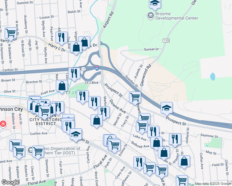 map of restaurants, bars, coffee shops, grocery stores, and more near 367 Prospect Street in Binghamton