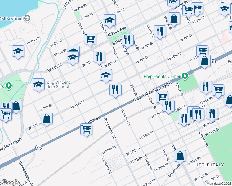 map of restaurants, bars, coffee shops, grocery stores, and more near 1030 Cascade Street in Erie