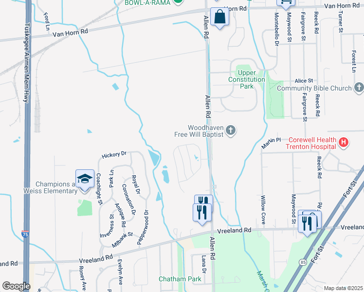 map of restaurants, bars, coffee shops, grocery stores, and more near 26714 Ashton Drive in Woodhaven