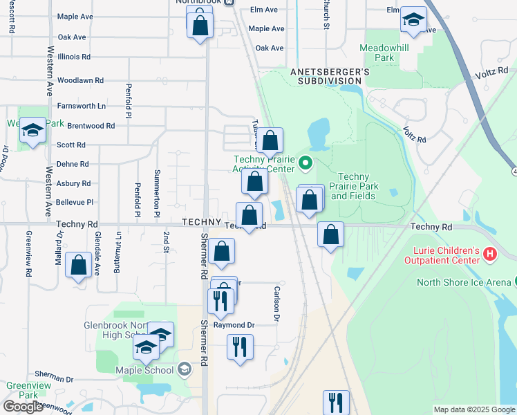 map of restaurants, bars, coffee shops, grocery stores, and more near 1998 Kingsley Circle in Northbrook