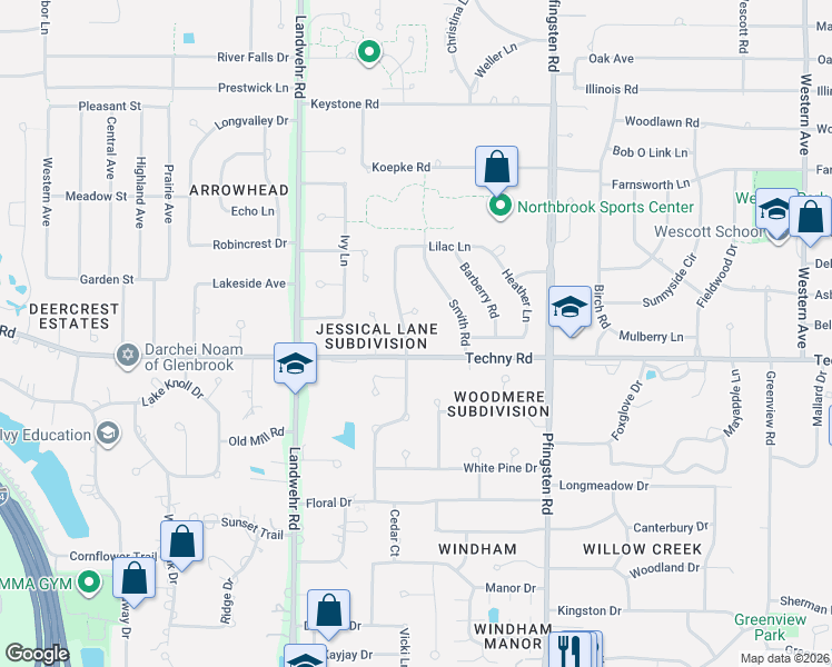 map of restaurants, bars, coffee shops, grocery stores, and more near 2982 Techny Road in Northbrook