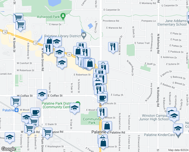 map of restaurants, bars, coffee shops, grocery stores, and more near 345 North Schubert Street in Palatine