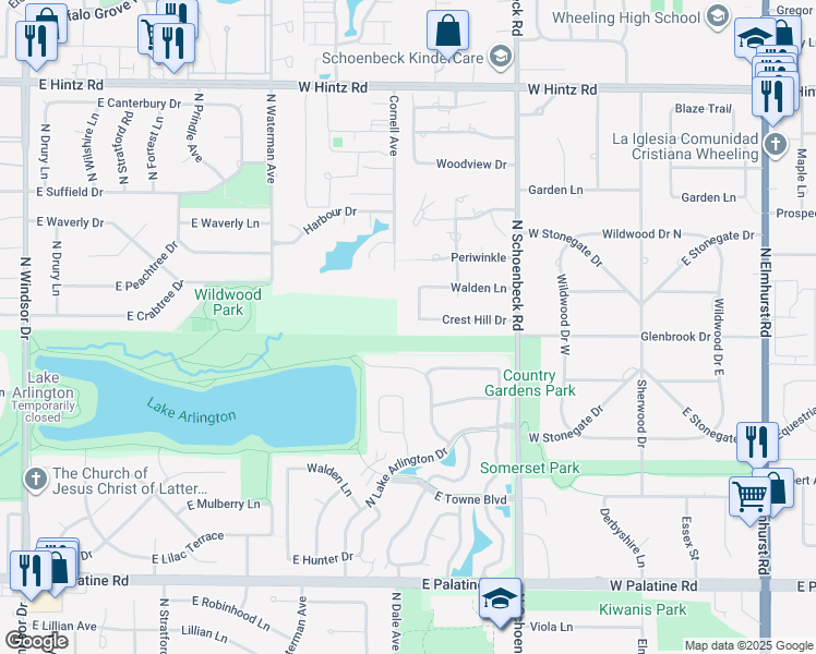 map of restaurants, bars, coffee shops, grocery stores, and more near 415 Crest Hill Drive in Prospect Heights