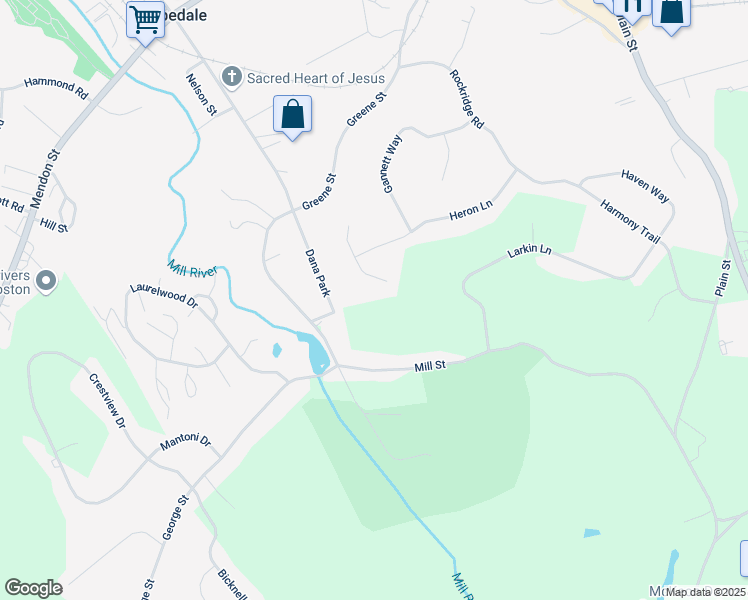 map of restaurants, bars, coffee shops, grocery stores, and more near 1 Forest Path in Hopedale