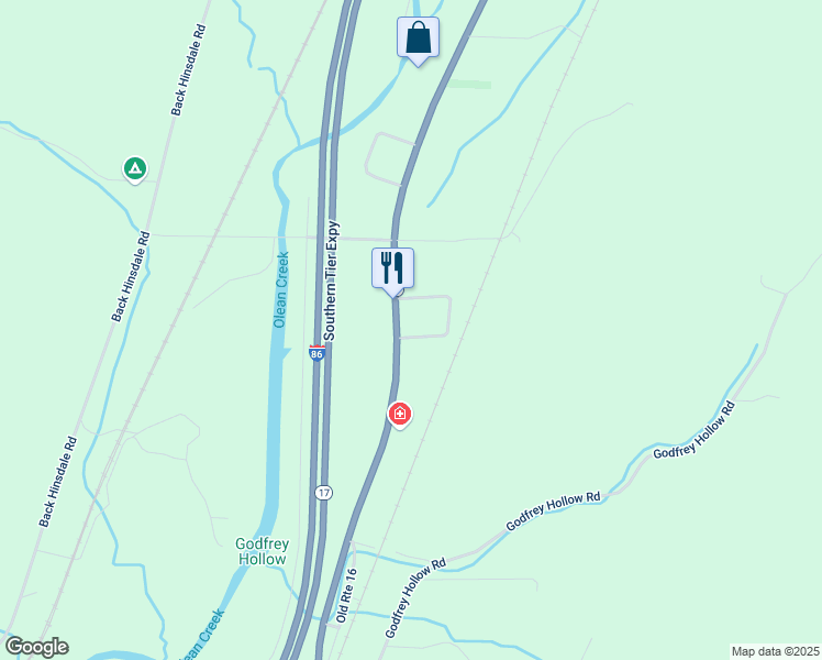 map of restaurants, bars, coffee shops, grocery stores, and more near 2724 Highway 16 in Olean