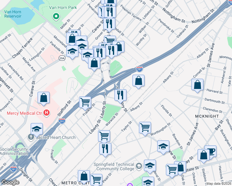 map of restaurants, bars, coffee shops, grocery stores, and more near 29-31 Ledyard Street in Springfield