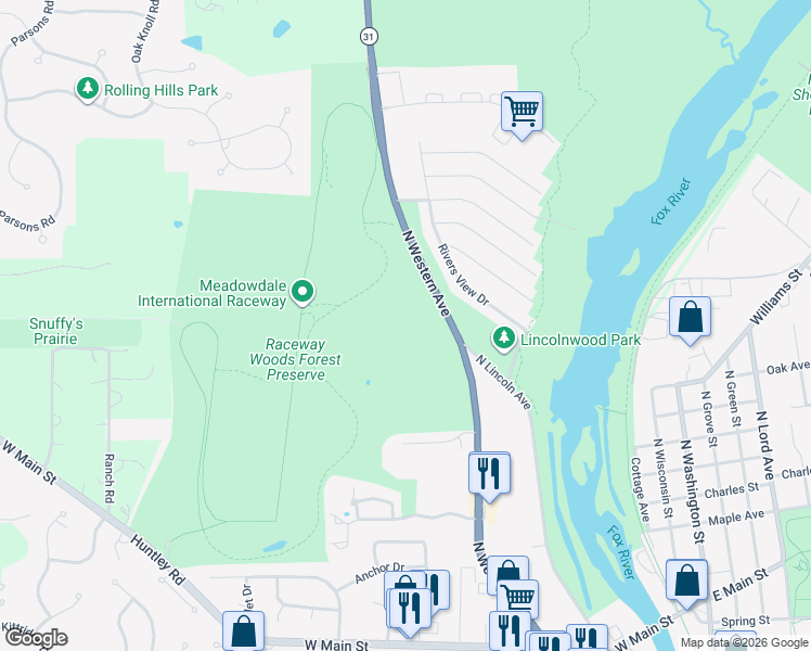 map of restaurants, bars, coffee shops, grocery stores, and more near 17N486 State Route 31 in Carpentersville