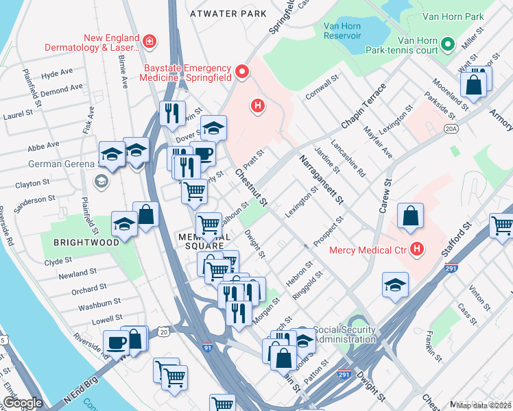 map of restaurants, bars, coffee shops, grocery stores, and more near 82 Jefferson Avenue in Springfield