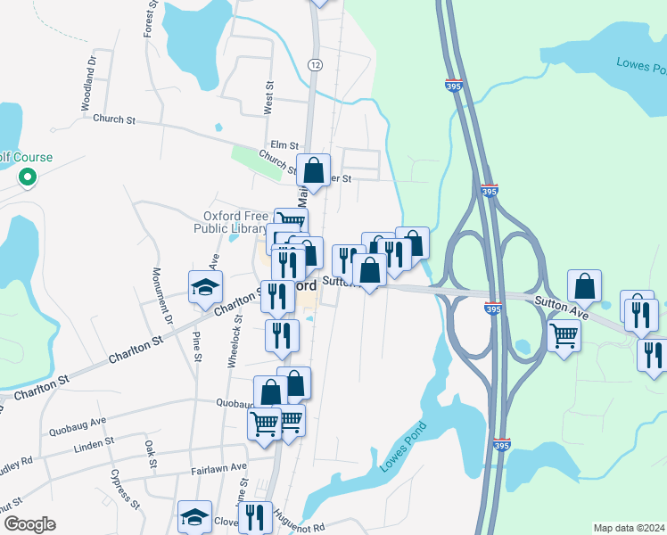 map of restaurants, bars, coffee shops, grocery stores, and more near 8 1/2 Sutton Avenue in Oxford