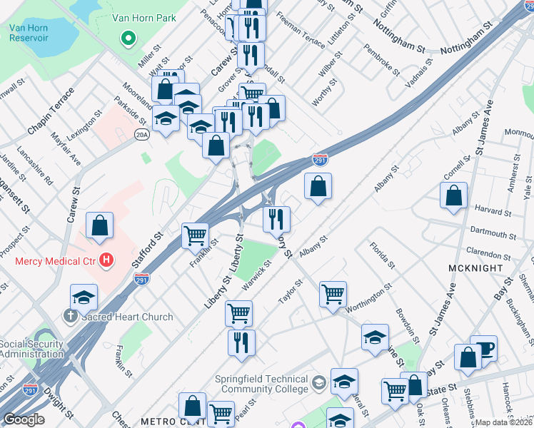 map of restaurants, bars, coffee shops, grocery stores, and more near 29-31 Ledyard Street in Springfield