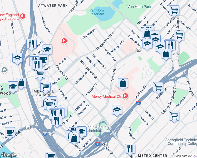 map of restaurants, bars, coffee shops, grocery stores, and more near 97-99 Prospect Street in Springfield