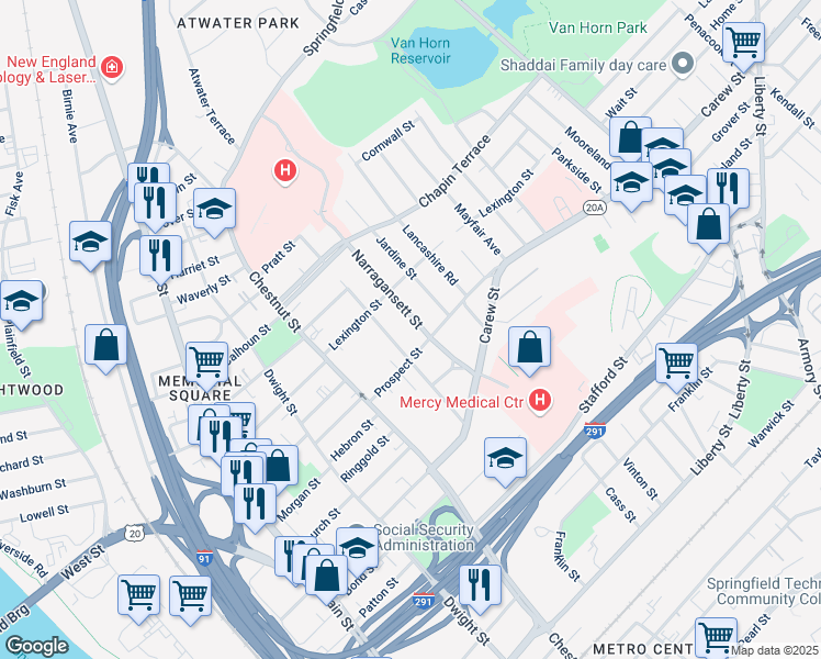 map of restaurants, bars, coffee shops, grocery stores, and more near 105 Massasoit Street in Springfield