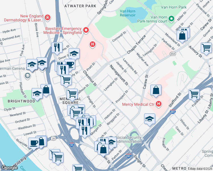 map of restaurants, bars, coffee shops, grocery stores, and more near 597 Chestnut Street in Springfield