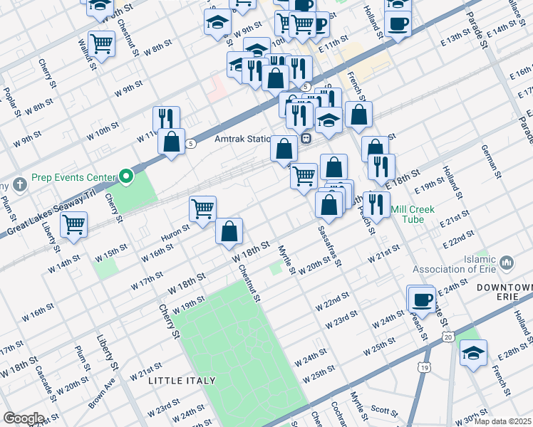 map of restaurants, bars, coffee shops, grocery stores, and more near 1622 Myrtle Street in Erie