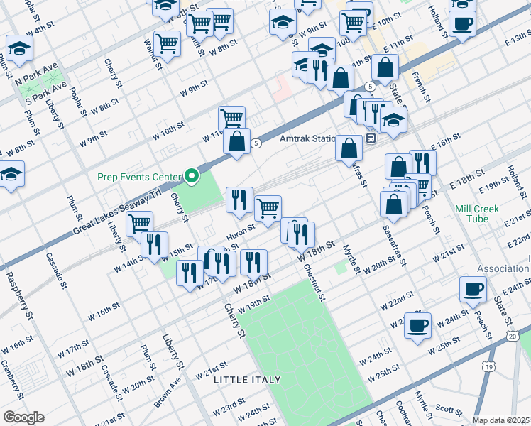 map of restaurants, bars, coffee shops, grocery stores, and more near 410 West 16th Street in Erie