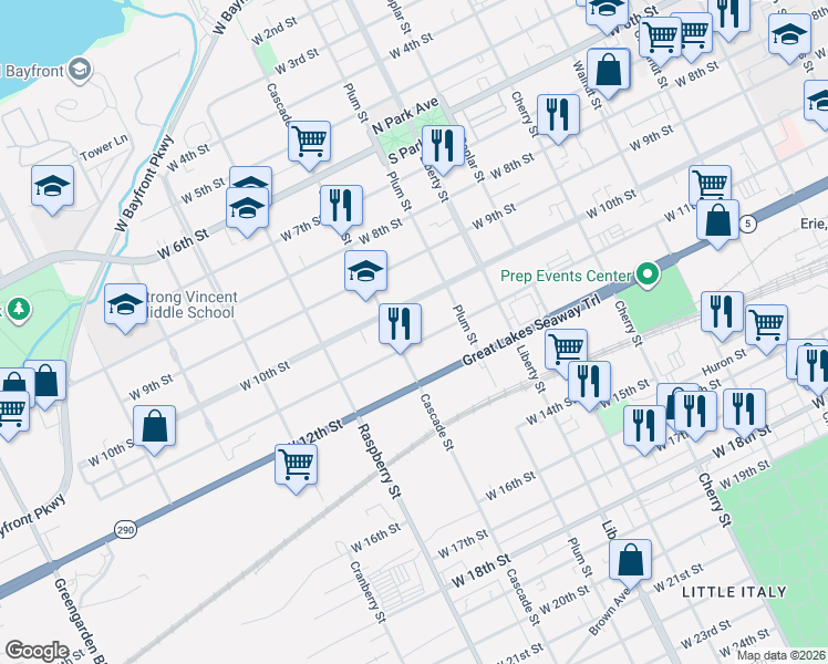 map of restaurants, bars, coffee shops, grocery stores, and more near 939 West 11th Street in Erie
