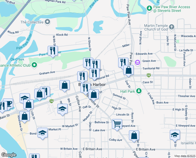 map of restaurants, bars, coffee shops, grocery stores, and more near 241 East Main Street in Benton Harbor