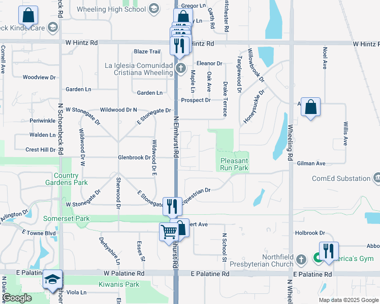 map of restaurants, bars, coffee shops, grocery stores, and more near 1171 South Forums Court in Wheeling