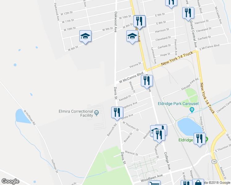 map of restaurants, bars, coffee shops, grocery stores, and more near 1985 Davis Street in Elmira