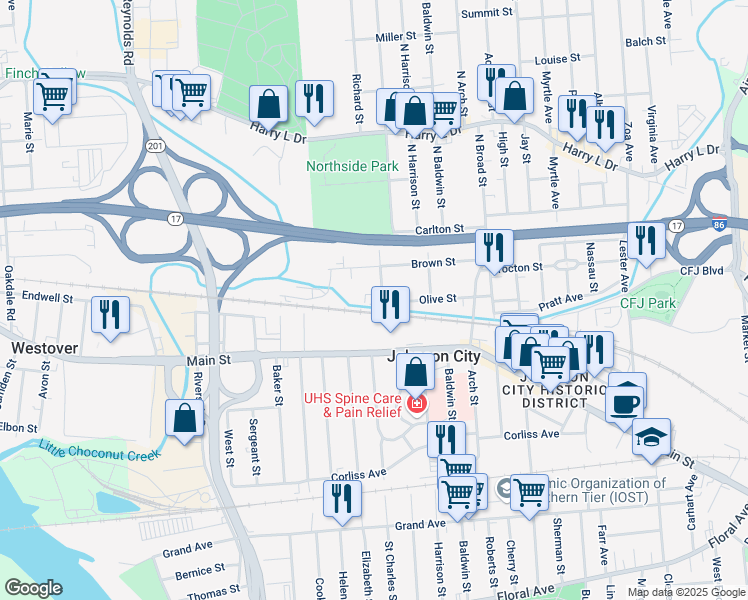 map of restaurants, bars, coffee shops, grocery stores, and more near 7 Burns Street in Johnson City
