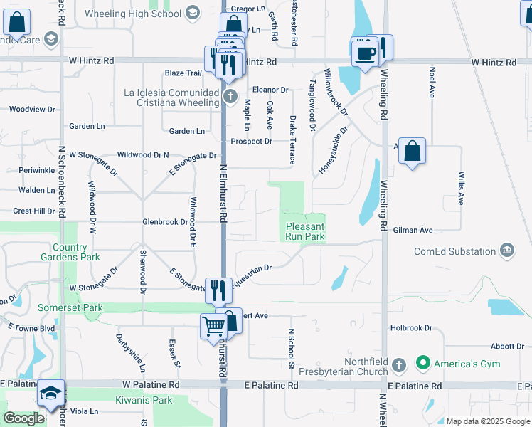 map of restaurants, bars, coffee shops, grocery stores, and more near 1175 Pleasant Run Drive in Wheeling