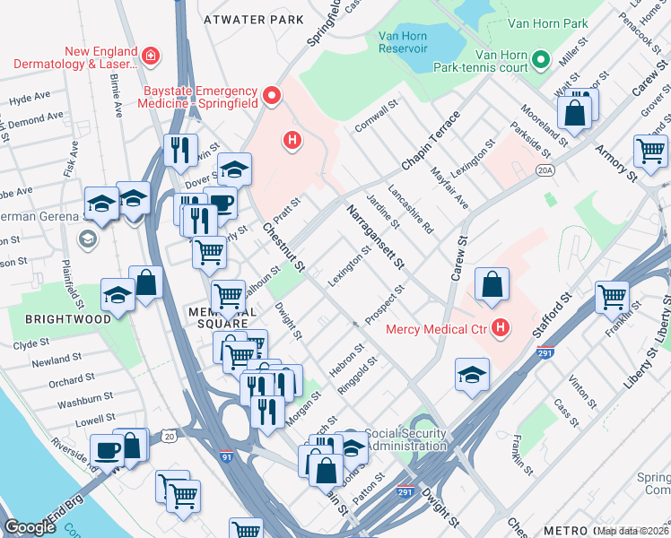 map of restaurants, bars, coffee shops, grocery stores, and more near 597 Chestnut Street in Springfield