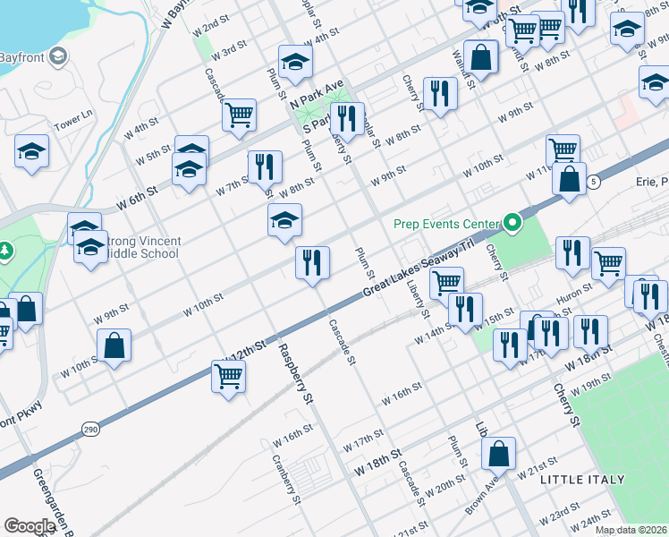 map of restaurants, bars, coffee shops, grocery stores, and more near 939 West 11th Street in Erie