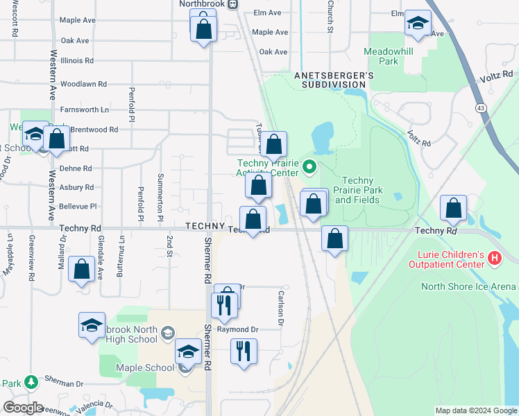 map of restaurants, bars, coffee shops, grocery stores, and more near 1910 Techny Road in Northbrook