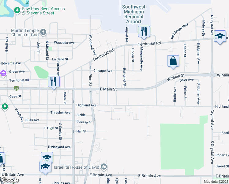 map of restaurants, bars, coffee shops, grocery stores, and more near 146 Walnut Street in Benton Harbor